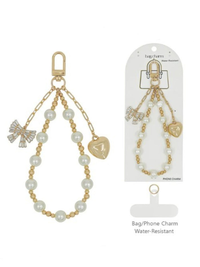 Pearl & Heart Charm Bag or Phone Chain
