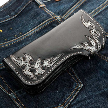 A beautifully handcrafted wallet with a detailed and artistic abstract phantom skull and cross motif.