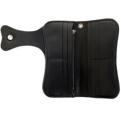 The black leather interior of a hand-tooled chain wallet with a unique skull and cross design.