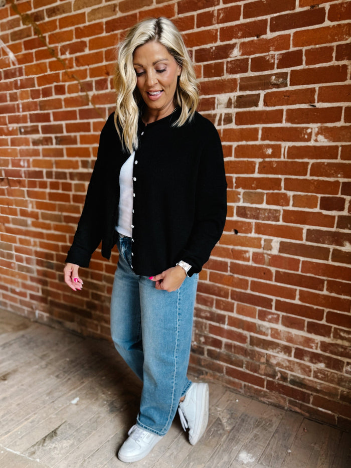 Polished Ease Button-Front Knit Cardigan, Black