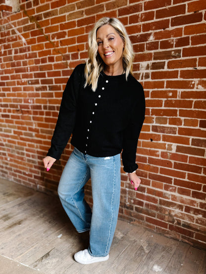 Polished Ease Button-Front Knit Cardigan, Black