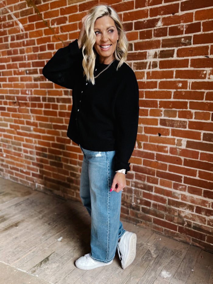 Polished Ease Button-Front Knit Cardigan, Black