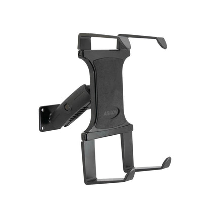 A durable ARKON wall mount with an articulated arm and four corner grips, designed to securely hold tablets—similar in strength to the Portable Mobile Printer Car Truck Drill Base Mount for Zebra, Epson, and Brother printers.