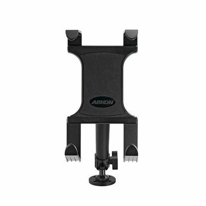 A black Arkon Portable Mobile Printer Car & Truck Mount with drill base for Zebra, Epson, and Brother printers is shown on a white background. It features an adjustable wide grip, rotating base, and visible brand name on front.