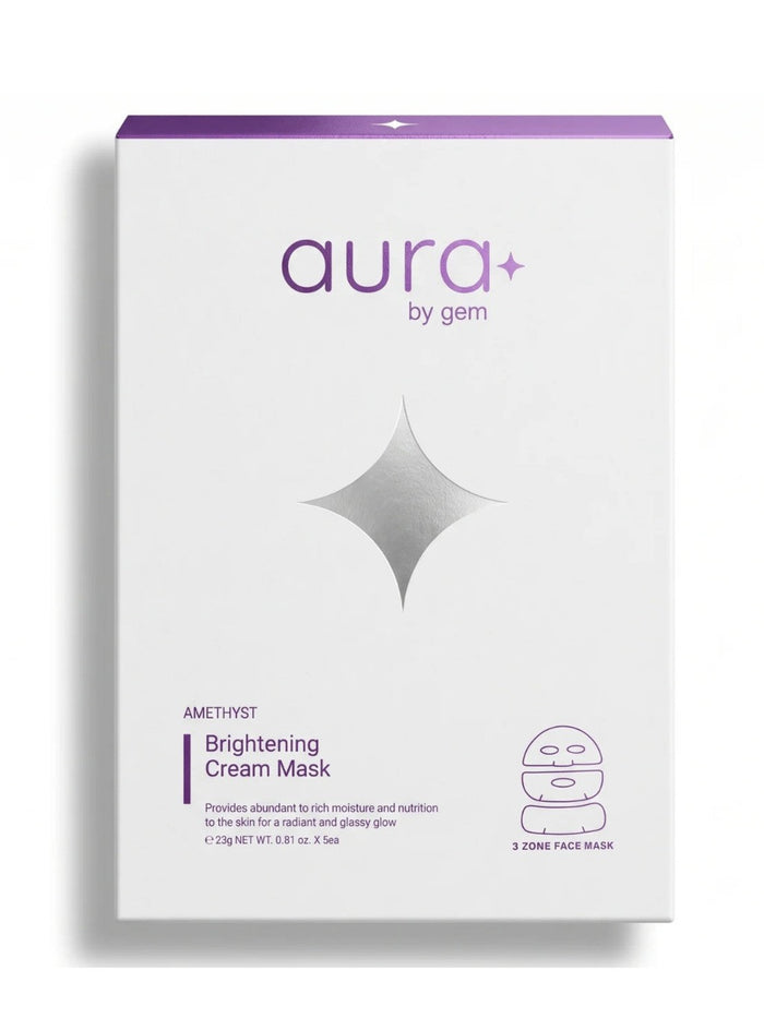 Aura by Gem Brightening Cream Mask packaging box in white with purple and silver accents, shown on a clean white background.