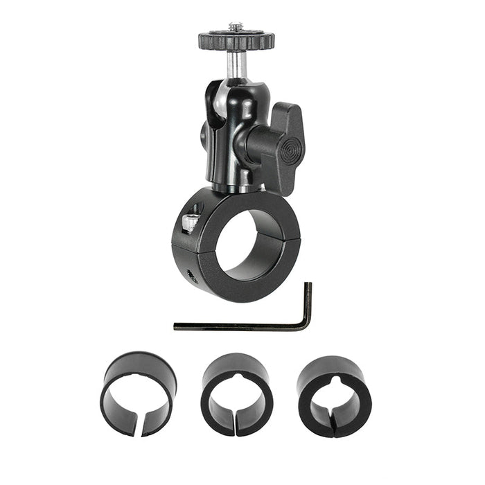 The Premium Aluminum Motorcycle Handlebar Camera Mount, shown in black with a tightening knob, includes three circular adapters and a hex key tool—perfect for mounting cameras on handlebars. All items are displayed on a white background.