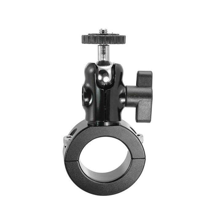 The Premium Aluminum Motorcycle Handlebar Camera Mount is a black aluminum mount with adjustable knobs and side tightening mechanisms, designed for secure attachment to cylindrical objects like motorcycle handlebars.
