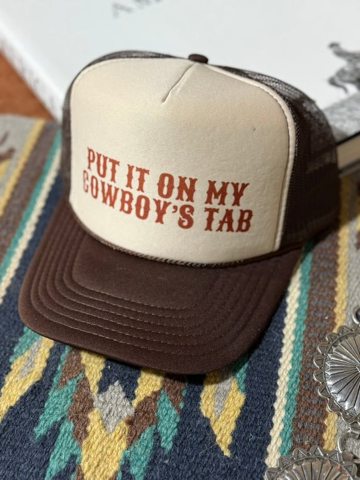 Put It On My Cowboy's Tab Trucker HatBrown & Tan