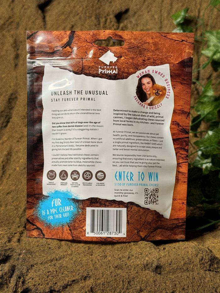 Rabbit Ears Natural 1 Ingredient - Furever Primal - Bag of 15 Dog/Cat Chew - Dog.Dog.Cat.