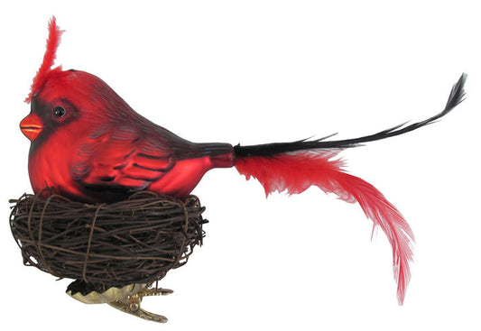 Red Bird with Twig Nest Glass Figurine Ornament