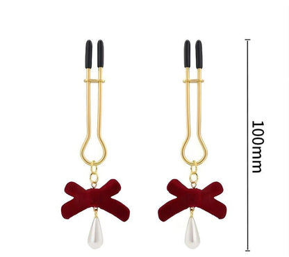 Red Bow And Teardrop Tweezer Nipple Clamps