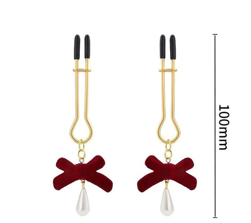 Red Bow And Teardrop Tweezer Nipple Clamps