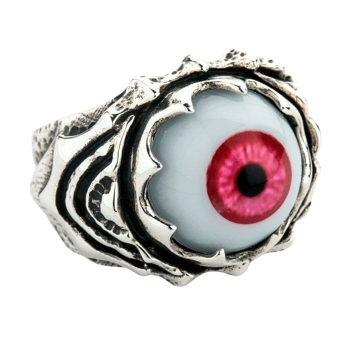 Angled close-up highlighting the textured .925 sterling silver claws gripping the 26mm polymer eye with a crimson iris.
