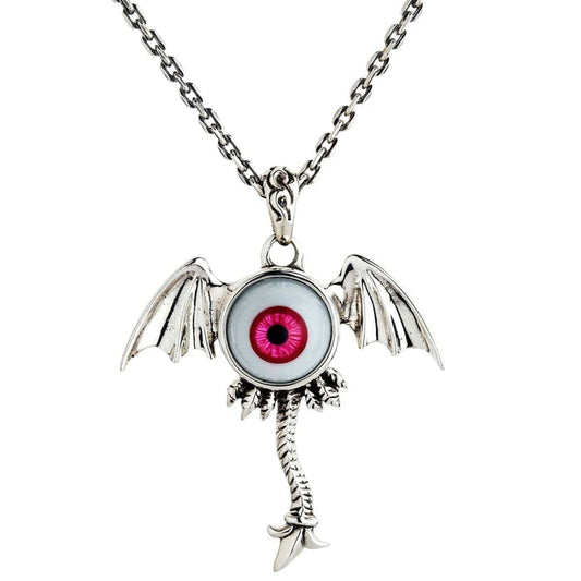 A front view of the sterling silver winged eyeball monster necklace with a red glass eye, shown on a chain.
