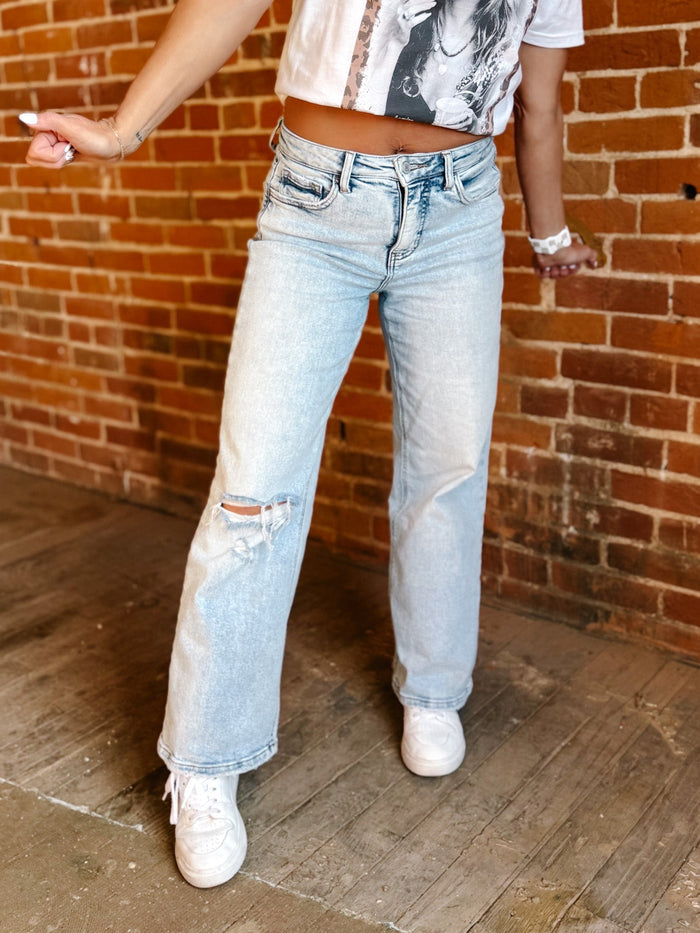Rediscover High Rise Tummy Control Wide Leg Jeans, Light Wash