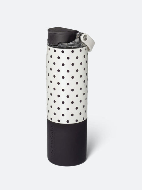 A reusable insulated bottle with a black and white polka dot pattern and a black base, shown on a light gray background.
