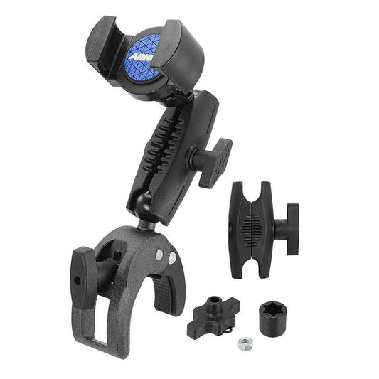 The RoadVise® Robust Clamp Phone Mount with Security Knob, shown disassembled with extra connectors, is an adjustable black and gray handlebar phone holder designed for reliable attachment to surfaces like bike handlebars.