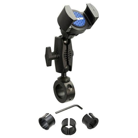The RoadVise® Phone Holder with Aluminum Handlebar Mount and 2.75 Shaft features a black adjustable design, three adapter rings, and an Allen wrench—ideal as a universal smartphone holder—shown on a white background.