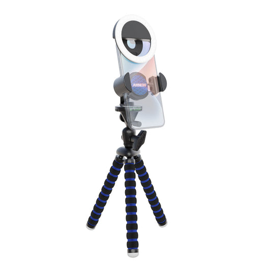 The RoadVise® Tripod and Ring Light Bundle features a smartphone mount on a flexible tripod with black and blue legs, phone holder, clip-on LED ring light, and secure clip—perfect for photography or video recording.