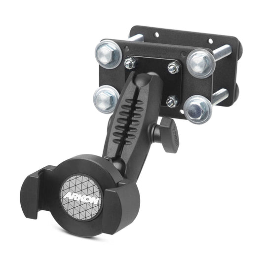 The RoadVise® XL Forklift Front Guard Phone and Midsize Tablet Mount is a black adjustable bracket with a circular grip, bolt attachment, and movable arm for secure device holding—ideal for warehouse use. Arkon branding is featured.
