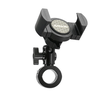 The RoadVise® XL Premium Aluminum Motorcycle Handlebar Mount securely holds phones and midsize tablets with its adjustable clamp base, flexible rotating joints, and features a circular Arkon logo, designed for handlebar attachment.