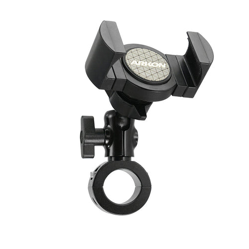 The RoadVise® XL Premium Aluminum Motorcycle Handlebar Mount securely holds phones and midsize tablets with its adjustable clamp base, flexible rotating joints, and features a circular Arkon logo, designed for handlebar attachment.