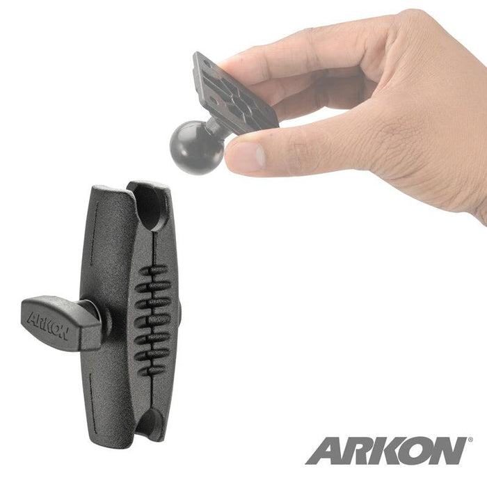 A hand holds the Robust™ Series 3.75 inch Metal Shaft Arm (25mm compatible) above a black plastic connector with tightening knob, ideal for custom mounting solutions. The ARKON logo appears in the bottom right corner.