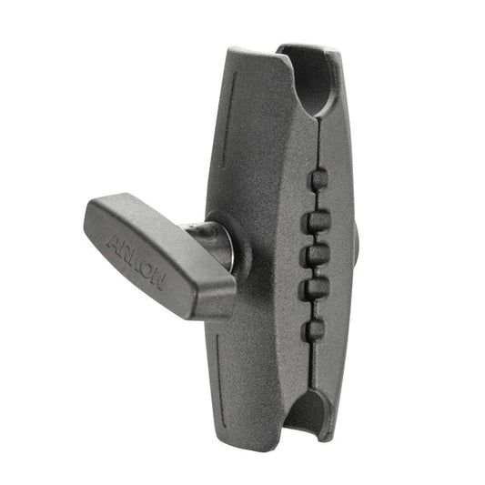 Black plastic clamp mount with a central tightening knob, grooves, and curved ends for holding cylindrical objects; compatible with the Robust™ Series 5 inch Metal Mount Shaft - 38mm (1.5 inch) Ball. Shown on a white background.