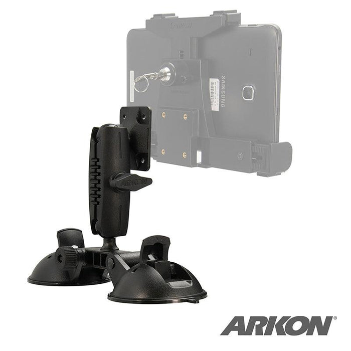 The Robust™ Double Windshield Suction Mount - AMPS Compatible features dual suction cups and an adjustable arm for secure, heavy-duty tablet attachment to flat surfaces. The ARKON logo appears in the bottom right corner.