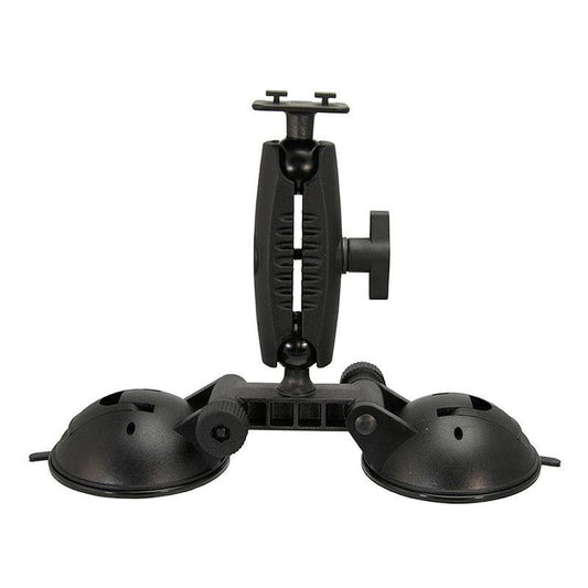The Robust™ Double Windshield Suction Mount - Dual-T Compatible features an adjustable arm and tightening knobs for secure attachment to flat surfaces, serving as a versatile tablet or phone holder.