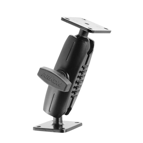 The Robust Heavy-Duty Metal AMPS Drill Base Mount Pedestal is a black adjustable bracket with two flat metal plates, a central pivot joint, and an ARKON-labeled knob for precise angle control—ideal for commercial vehicles.