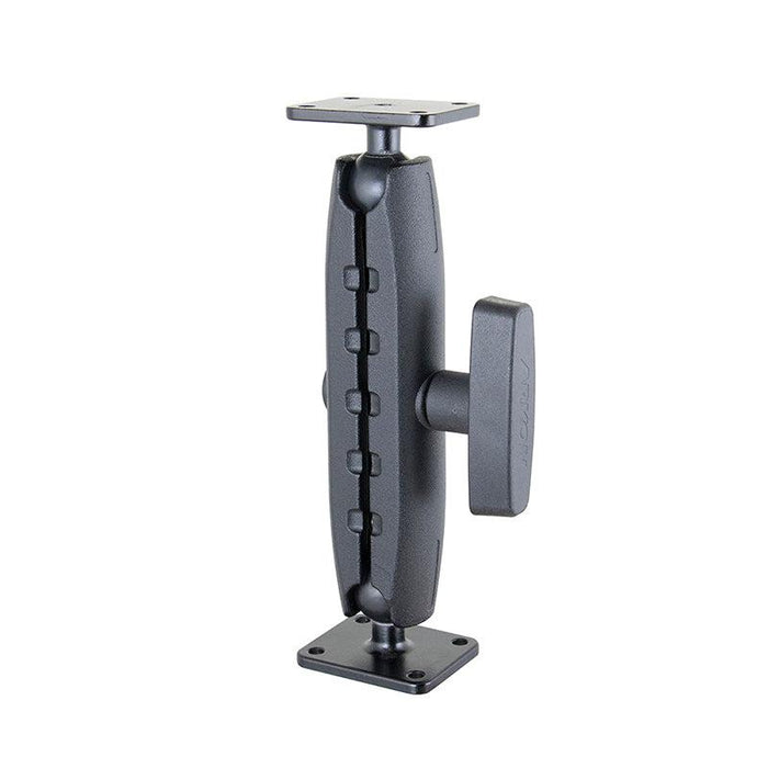 The Robust Heavy-Duty Metal AMPS Mount is a black adjustable shaft arm with a tightening knob, featuring square plates with screw holes at both ends for secure mounting of commercial devices to surfaces.