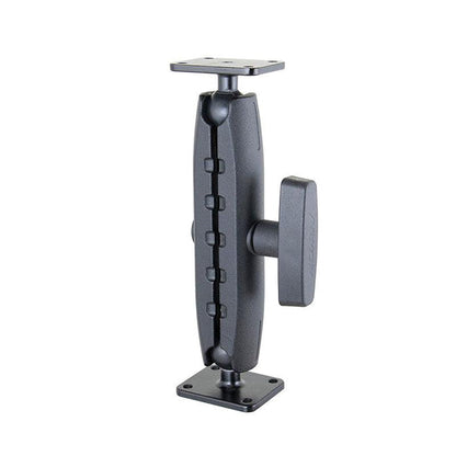 The Robust Heavy-Duty Metal AMPS Mount is a black adjustable bracket with two rectangular base plates, a central joint, and side knob for angle adjustment, designed for commercial device mounting and AMPS compatibility.