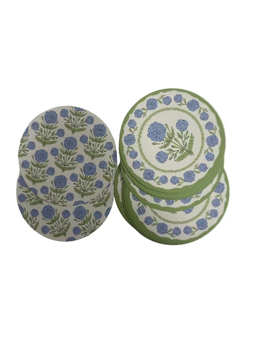 Rosanne Beck Blue and Green Marigold Paper Coasters