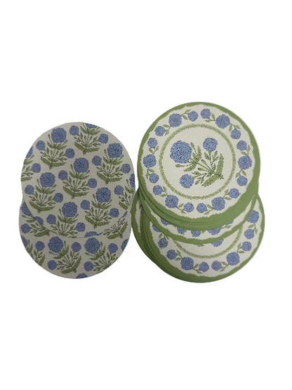 Rosanne Beck Blue and Green Marigold Paper Coasters