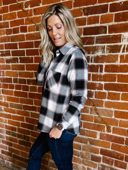Saja Button Up Plaid Shirt, WhiteRoseBlack