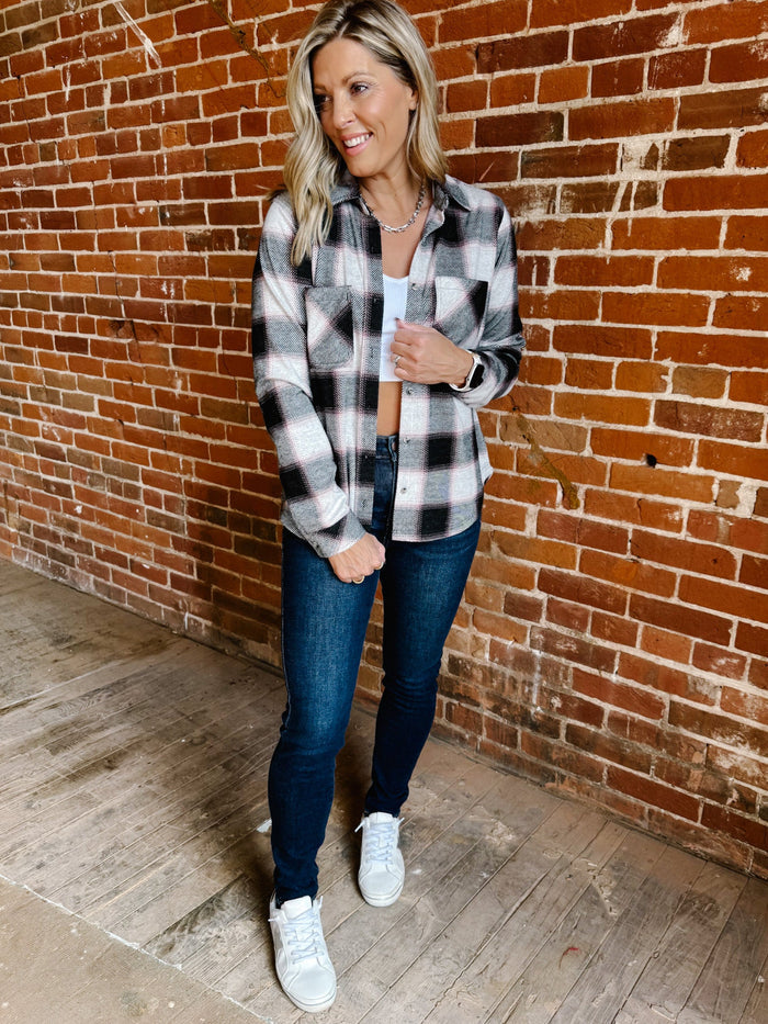 Saja Button Up Plaid Shirt, WhiteRoseBlack