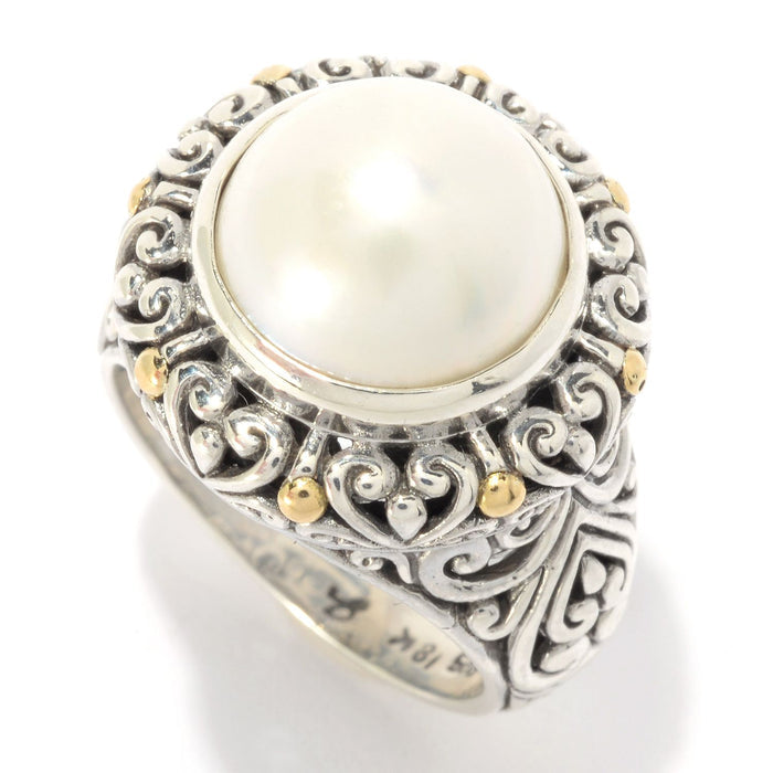 Samuel B. Sterling Silver and 18K Yellow Gold Lorelei Round White Pearl Ring, Size 7. Our Sterling Silver 18k solid Gold round white pearl ring, handcrafted in Bali by our skilled artisans. The Gems of the Sea collection is inspired by the beauty of the white beaches, sparkling sea and the flourishing coral reefs of Bali.