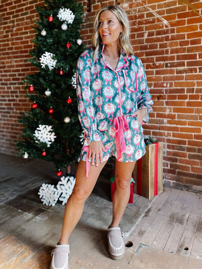 Santa and Bow Satin Pajamas, Teal