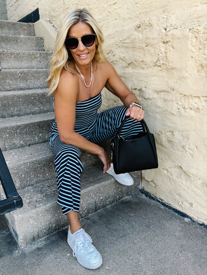 Woman wearing Scottie Triple Chain Necklace in Matte Silver with striped top