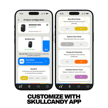 Two smartphone app screens shown side by side on a white background, displaying product configuration options for a speaker setup. Large text below reads 'CUSTOMIZE WITH SKULLCANDY APP'. | Primer