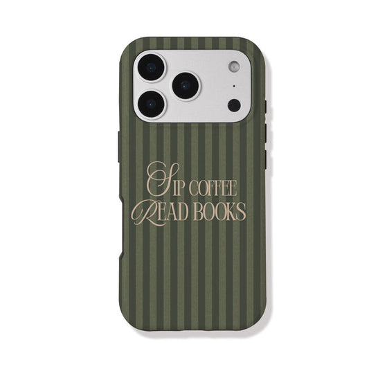 Green phone case with 'Sip Coffee Read Books' text on a white background