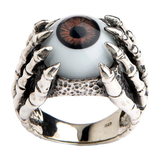 The top view of the biker eyeball ring, showing the textured, bone-like detail of the band.