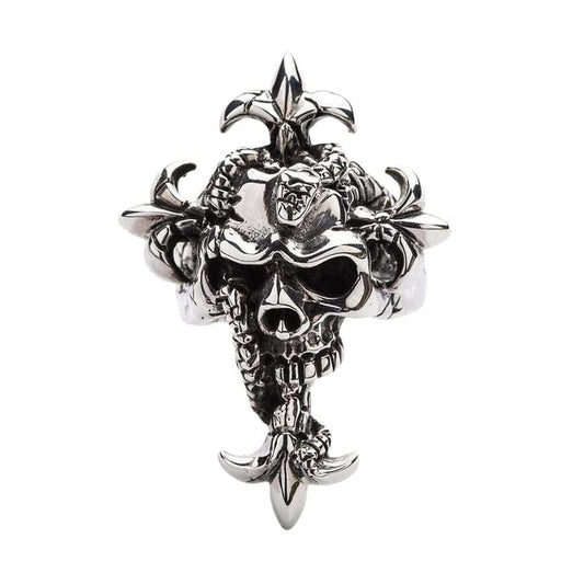 Front view of sterling silver ring featuring a skull entwined with a snake in a Fleur de Lis shape.