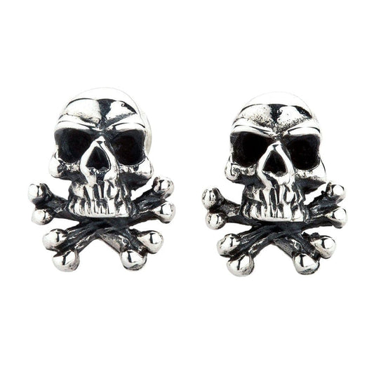 Front view of sterling silver skull stud earrings with crossbones detail