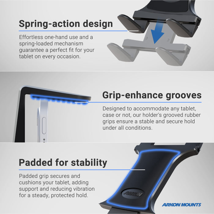The Slim-Grip® Double Suction Windshield Tablet Mount features a spring-action design, grip-enhance grooves with rubber grips, and padded support for stability, highlighted in close-up views with descriptive text.