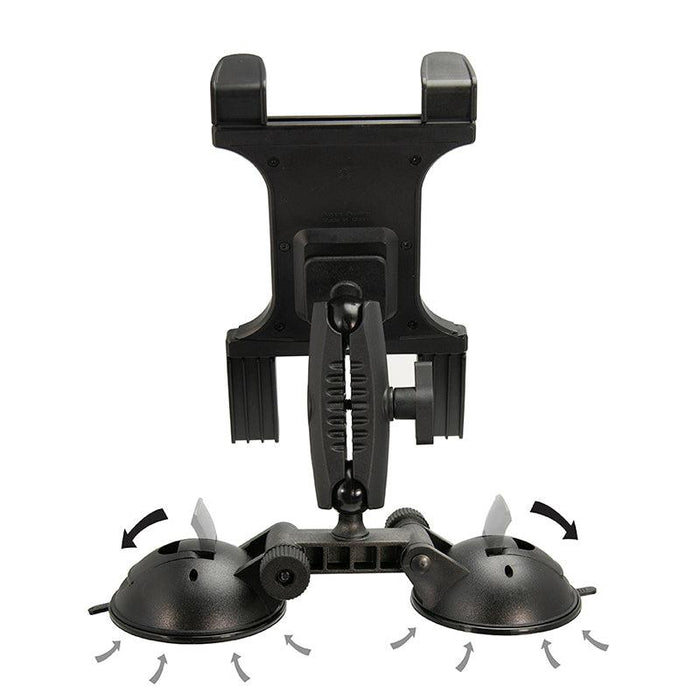 The Slim-Grip® Double Suction Windshield Tablet Mount, shown in black with an adjustable rotating arm, is displayed against a white background. Arrows indicate its flexible design, perfect for hands-free use as a car or windshield tablet mount.