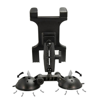 The Slim-Grip® Double Suction Windshield Tablet Mount, shown in black with an adjustable rotating arm, is displayed against a white background. Arrows indicate its flexible design, perfect for hands-free use as a car or windshield tablet mount.