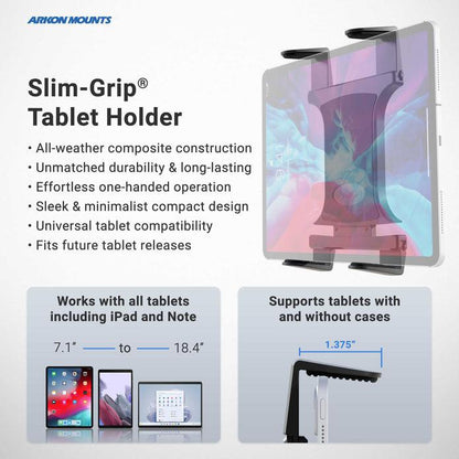 An infographic for the Slim-Grip® Double Suction Windshield Tablet Mount highlights all-weather durability, easy use, and wide compatibility as a car tablet holder for 7.1-18.4 tablets, with or without cases.