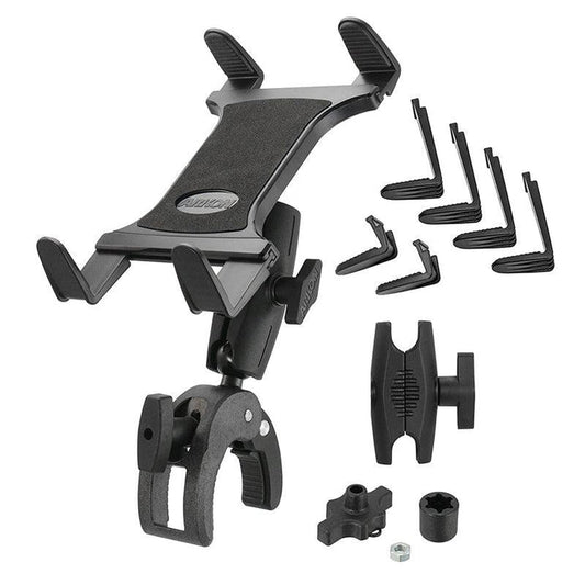 The Slim-Grip® Tablet Holder with Clamp Mount and Security Knob Shaft is shown with interchangeable grip pieces, knob, and mounting hardware displayed separately against a white background.